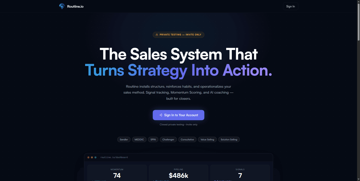 Routiine.io homepage — sales intelligence CRM with momentum scoring and AI coaching