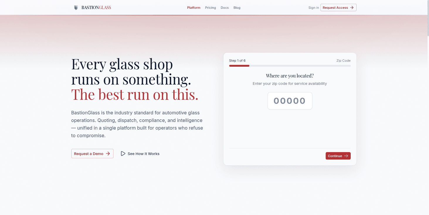 BastionGlass.com homepage — multi-tenant SaaS ERP platform for auto glass operations