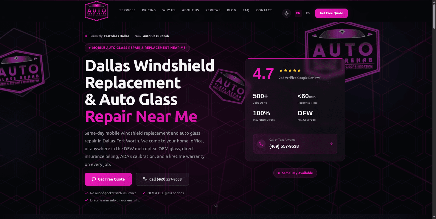 MyAutoGlassRehab.com homepage — Dallas windshield replacement and auto glass repair website